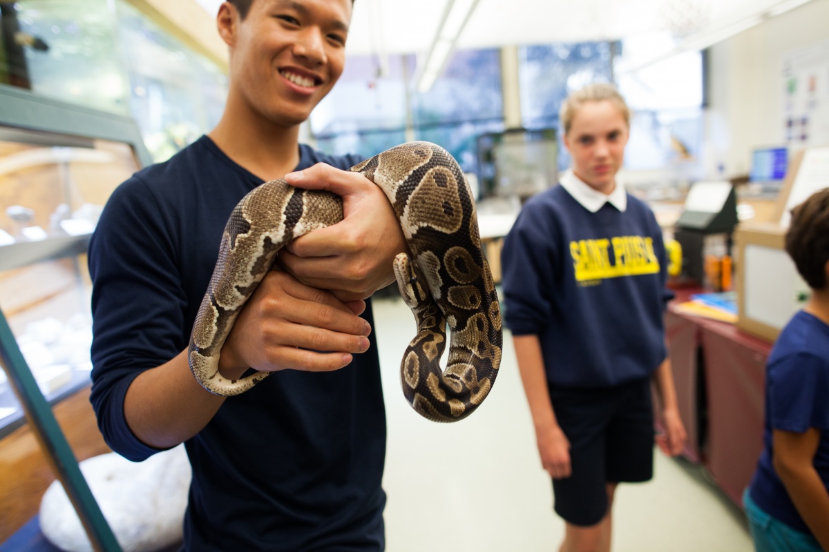 A student holding a snake at the Science Learning Center