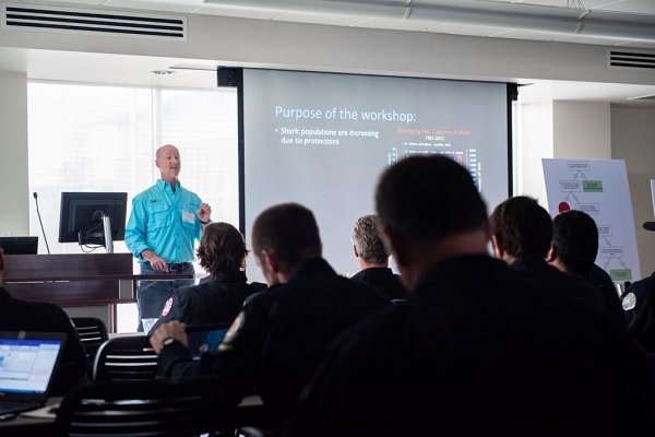 Chris Lowe presenting to lifeguard chiefs