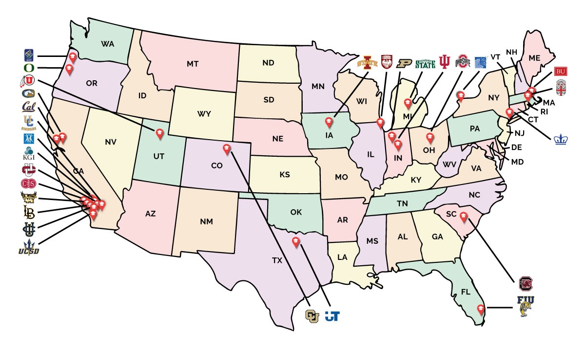 US Map showing where forner BUILD students have gone to grad