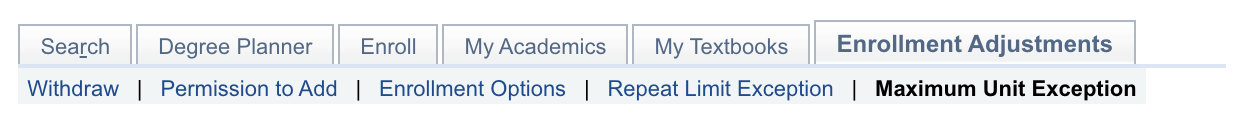 Enrollment Petitions menu with mouse pointer on Extra Unit P