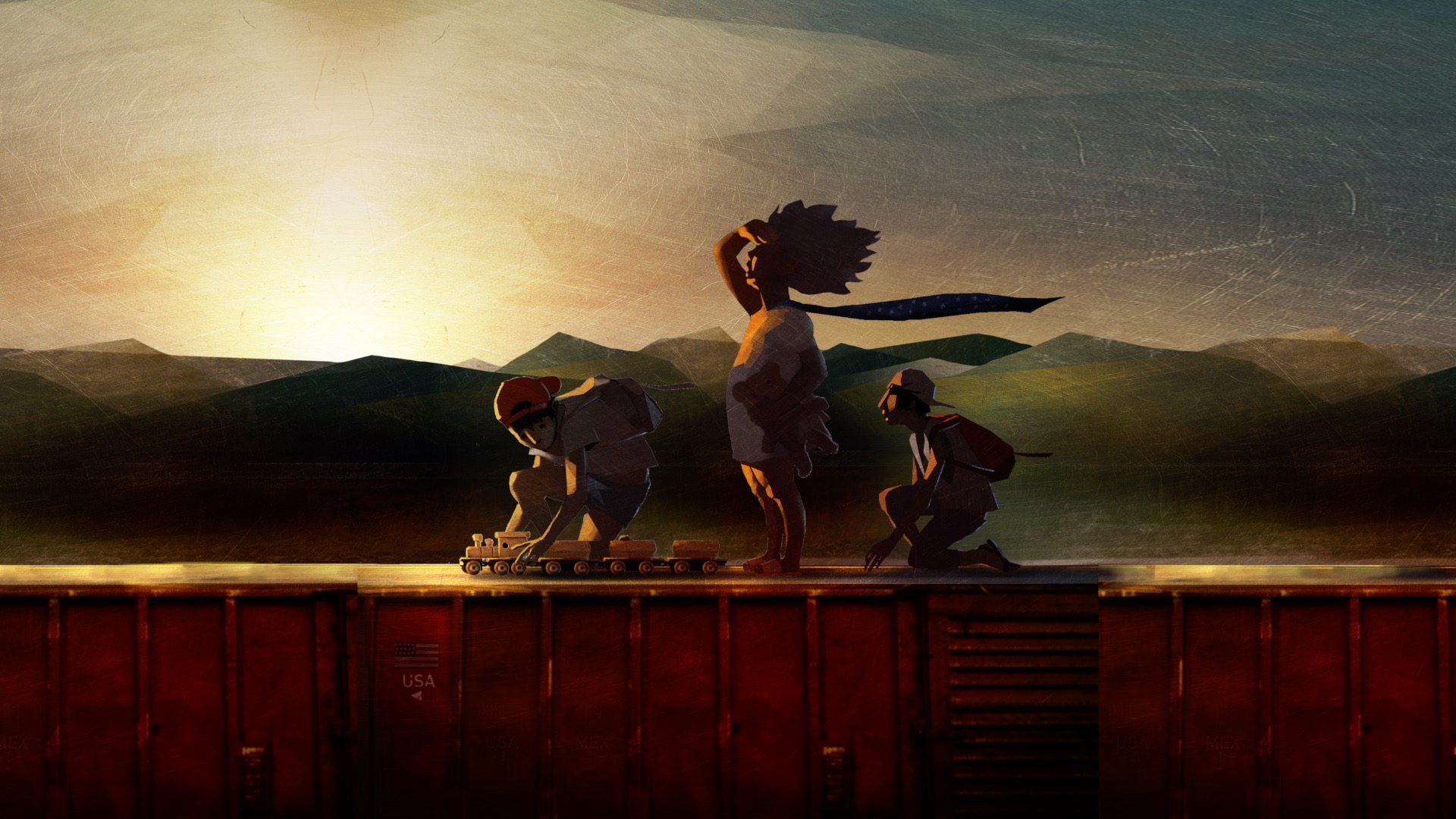 Illustration of three immigrant children migrating to the United States on the top of a train.