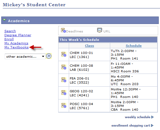 my_textbooks1.png Screen shot of the Academics section of the Student Center