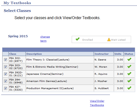 Screen shot of the Select Classes page on the My Textbooks t