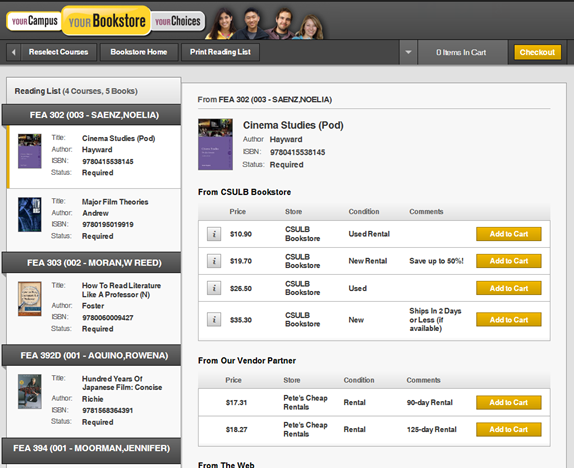 Screen shot of the Express Textbooks page for the CSULB Book