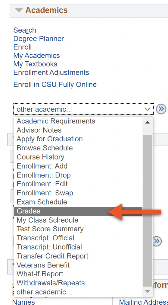 mycsulb_incomplete-agreement_01.png Academics dropdown menu with Grades option selected