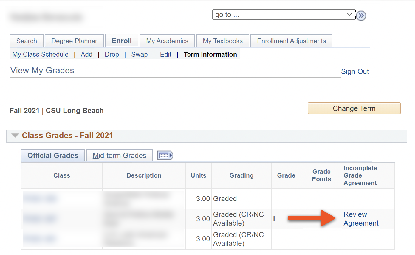 Class Grades table with Review Agreement link in Incomplete 