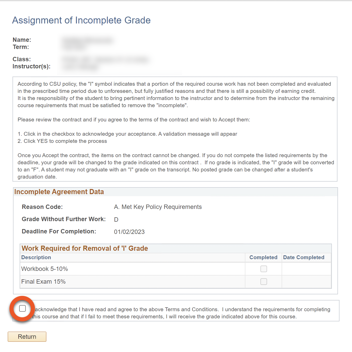 Incomplete Grade Agreement with checkbox for accepting the a