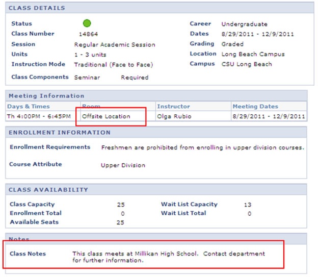 Off Campus Highlighting the Room Location and Class Notes Se
