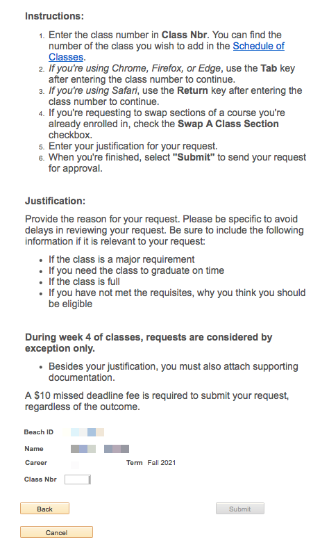 Screenshot of Class Number field and instructions