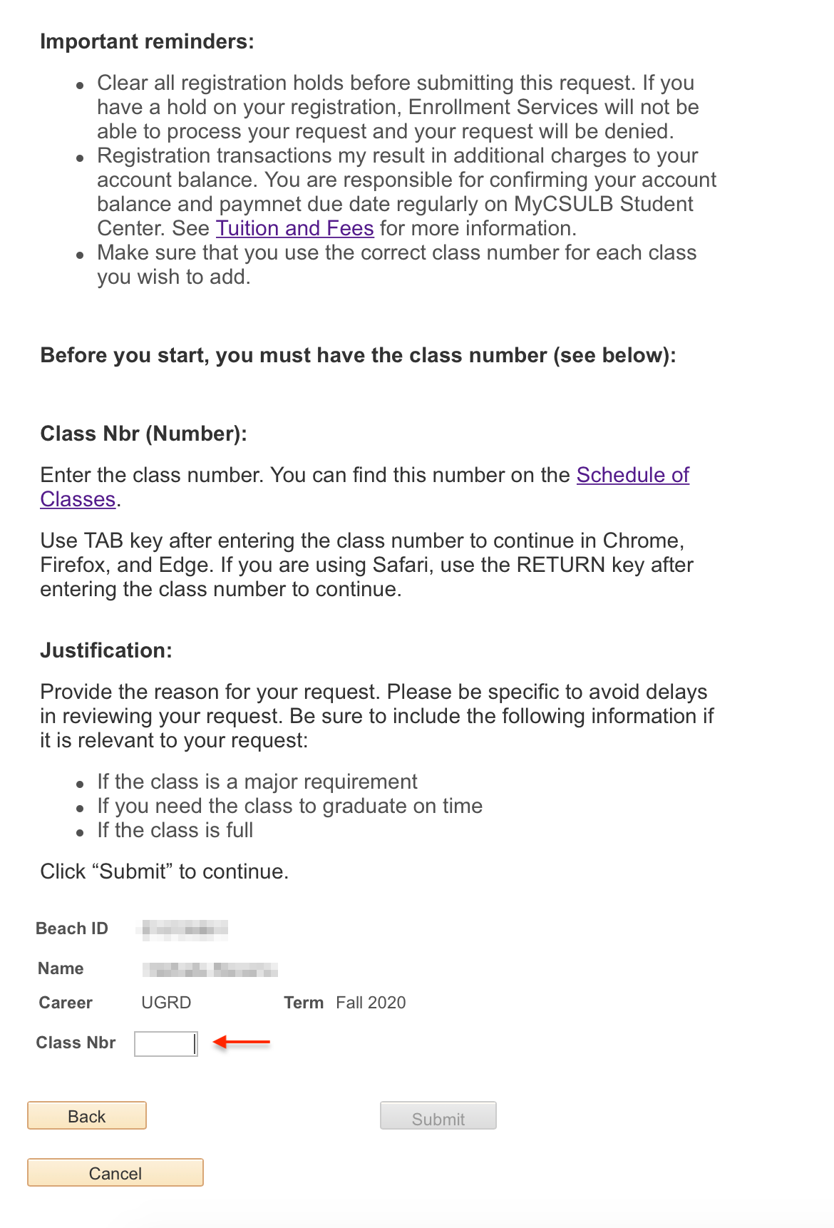 Screenshot of Class Number field and instructions