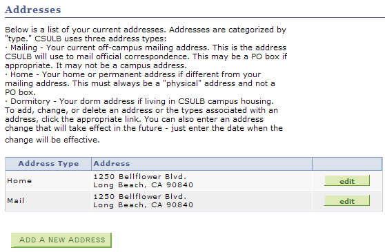 Screen shot of Addresses menu with details