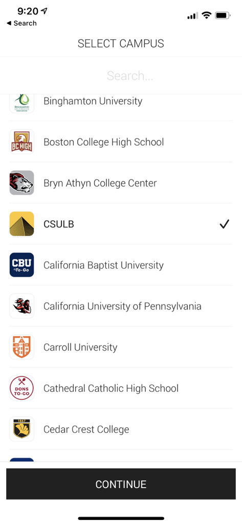 Screenshot of Transact mobile campus selection