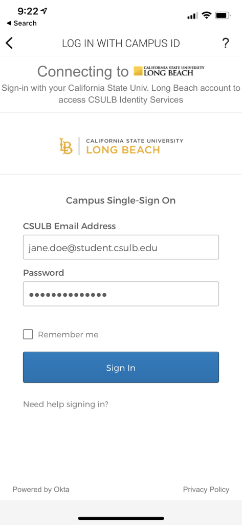 Screenshot of Transact mobile login prompt