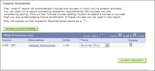 picture of the course scenarios section with selected course