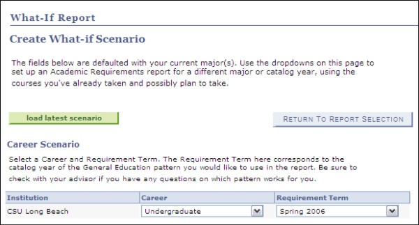 picture of the create what if career scenario selection 