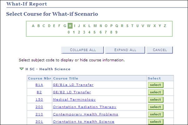 picture of the what if course scenario course selection area