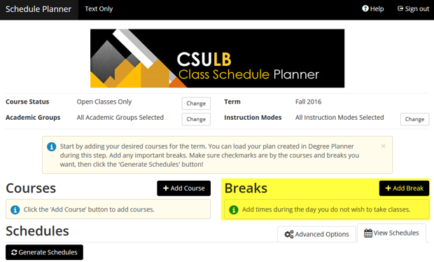 Screen shot of the Class Schedule Planner page, with the Bre