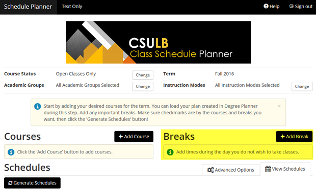 plan_your_enrollment11.png Screen shot of the Class Schedule Planner page, with the Bre