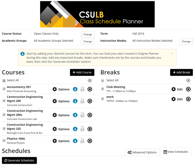 Screen shot of the Class Schedule Planner, with requested co