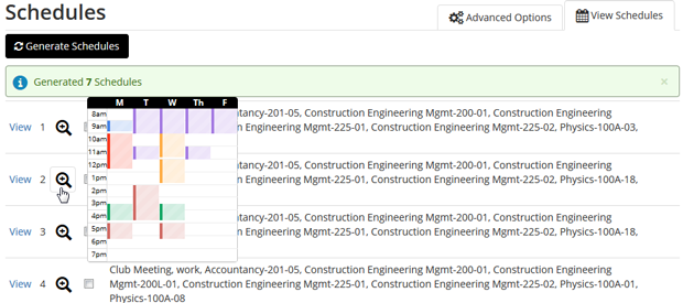 Screen shot of generated schedules in the Class Schedule Pla