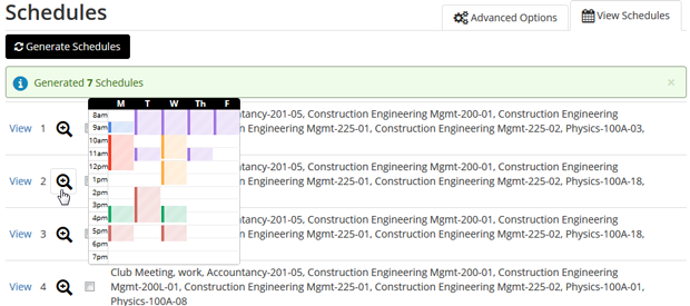 plan_your_enrollment14.png Screen shot of generated schedules in the Class Schedule Pla
