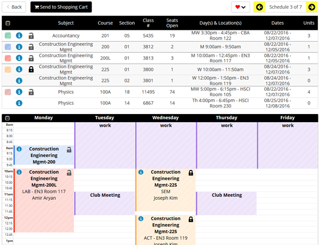 Screen shot of a weekly grid of class schedule, showing the 