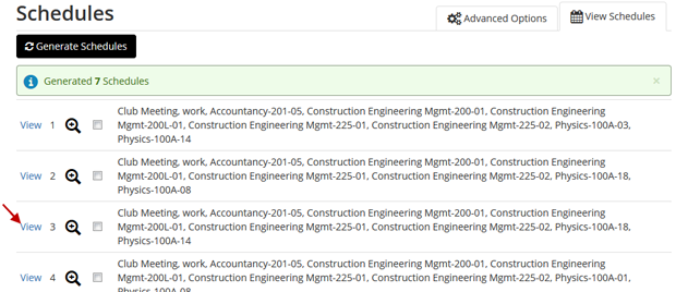 plan_your_enrollment16.png Screen shot of the generated class schedules in the Class Sc