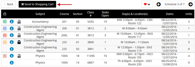 Screen shot of a weekly grid of class schedule, showing the 