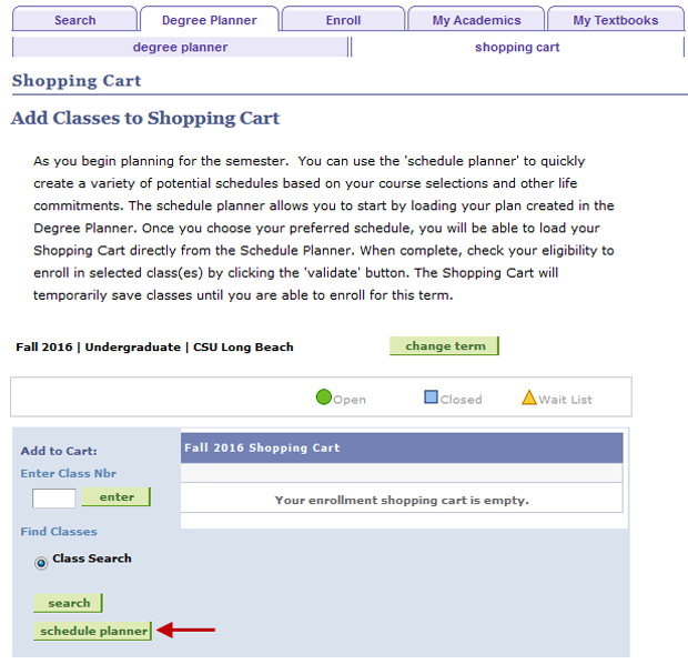 plan_your_enrollment2.png Screen shot of the Plan tab, showing the schedule planner bu