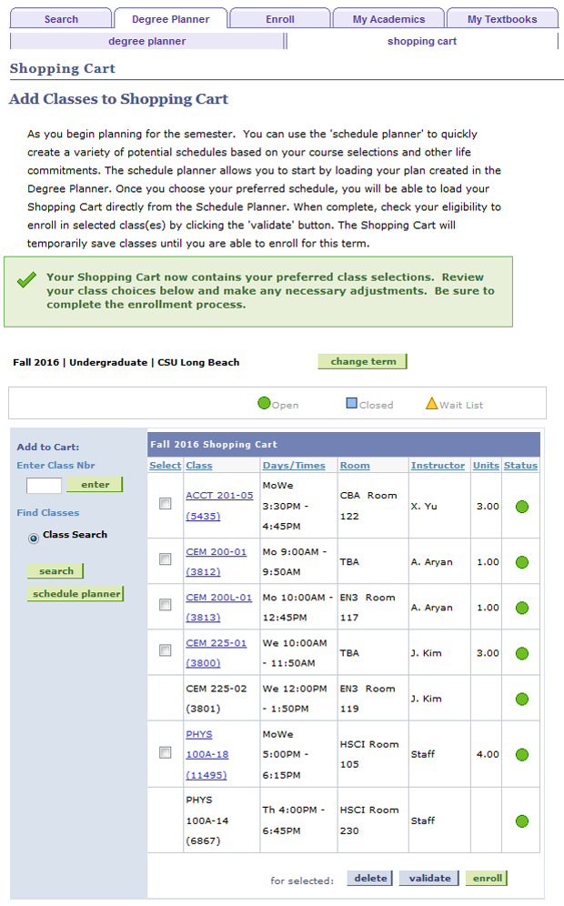 plan_your_enrollment21.png Screen shot of the Shopping Cart tab in Degree Planner, show