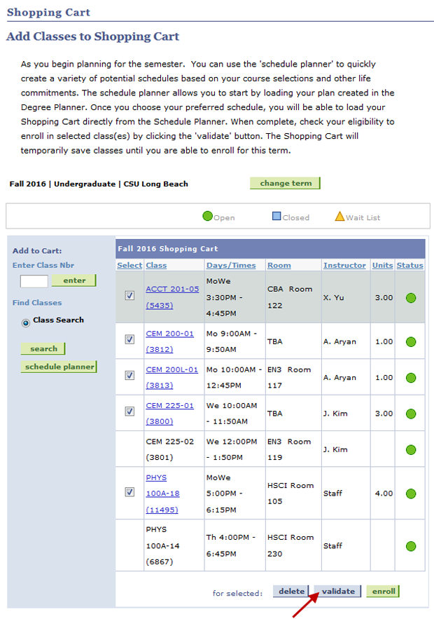 plan_your_enrollment22.png Screen shot of the Shopping Cart tab in Degree Planner, show