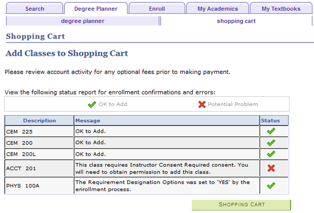 Screen shot of the validation status report on the Plan tab