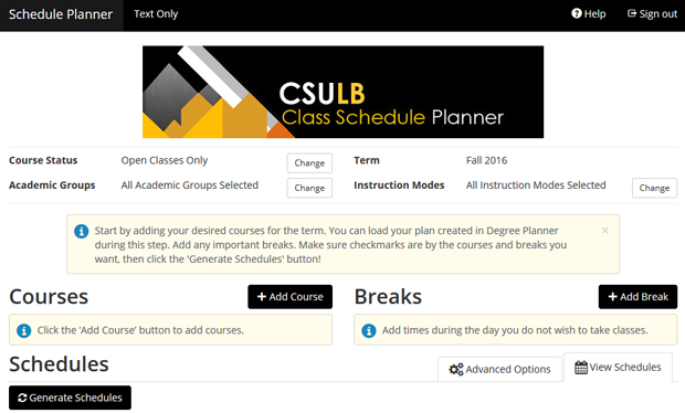 Screen shot of the Class Schedule Planner page