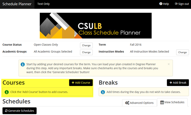 Screen shot of the Class Schedule Planner page, with the Cou