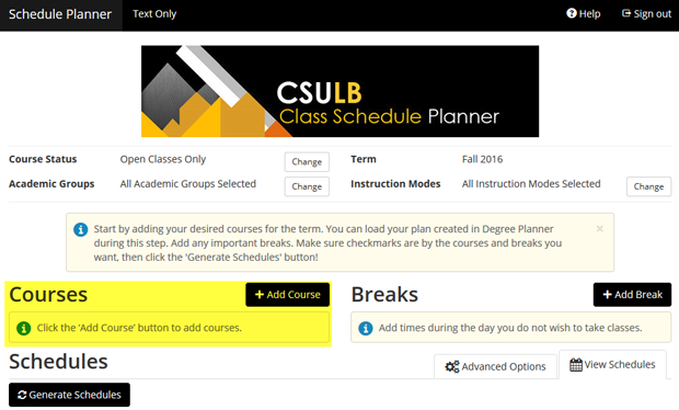 plan_your_enrollment5.png Screen shot of the Class Schedule Planner page, with the Cou