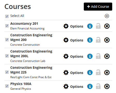 Screen shot of the Course section displaying selected course