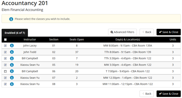 plan_your_enrollment9.png Screen shot of a course displaying all scheduled sections
