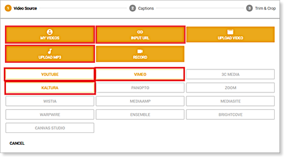 PlayPosit bulb editor with the various video input options o