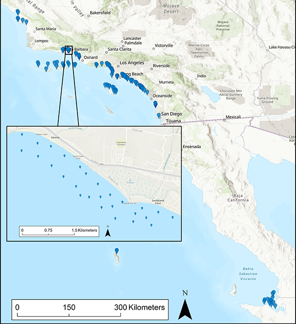 Map to visualize locations where the shark lab has receivers