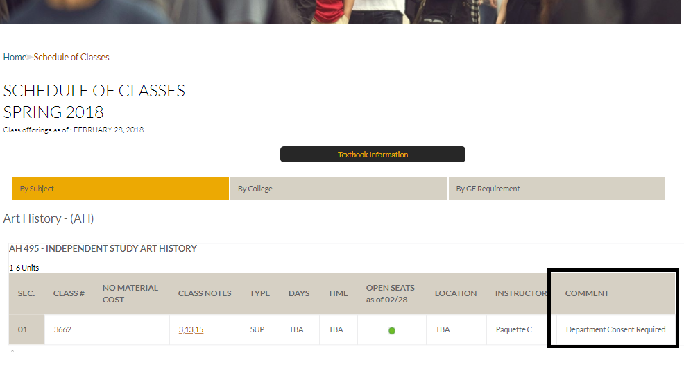 Schedule of Classes Highlighting Comments Field 