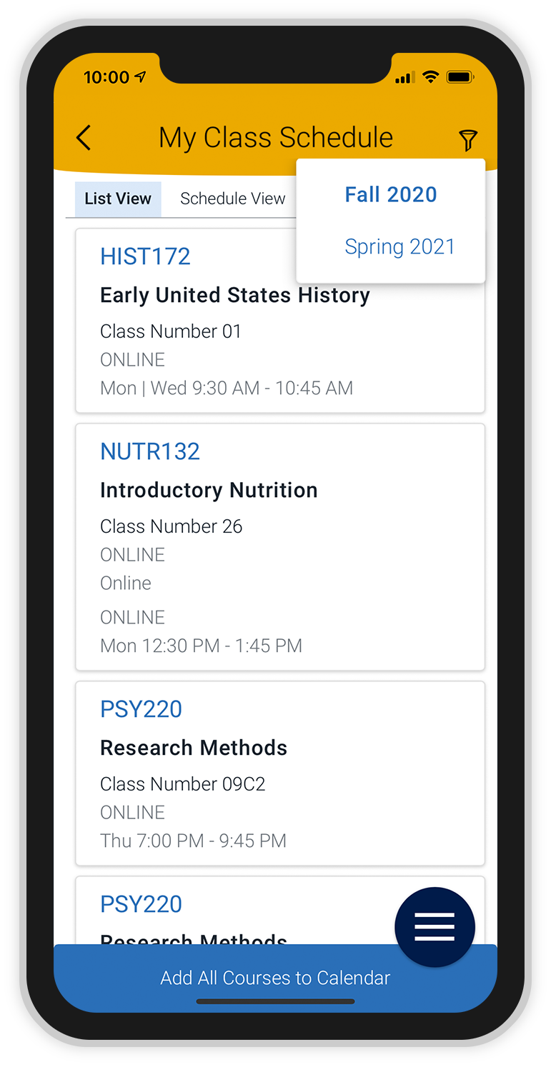 Screenshot of Class Schedule page