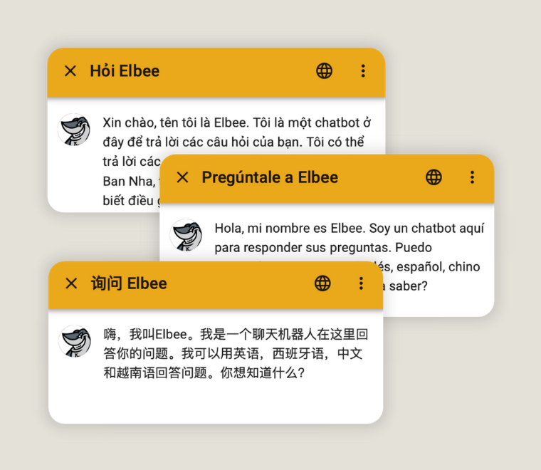 Ask Elbee Chatbot Bubbles in Spanish, Chinese, and Vietnames