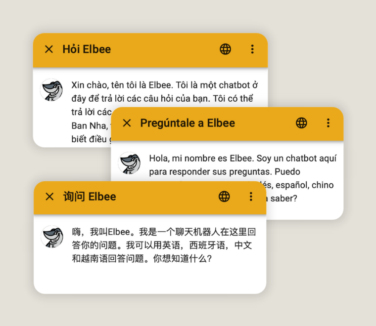 screen-elbee_languages.png Ask Elbee Chatbot Bubbles in Spanish, Chinese, and Vietnames