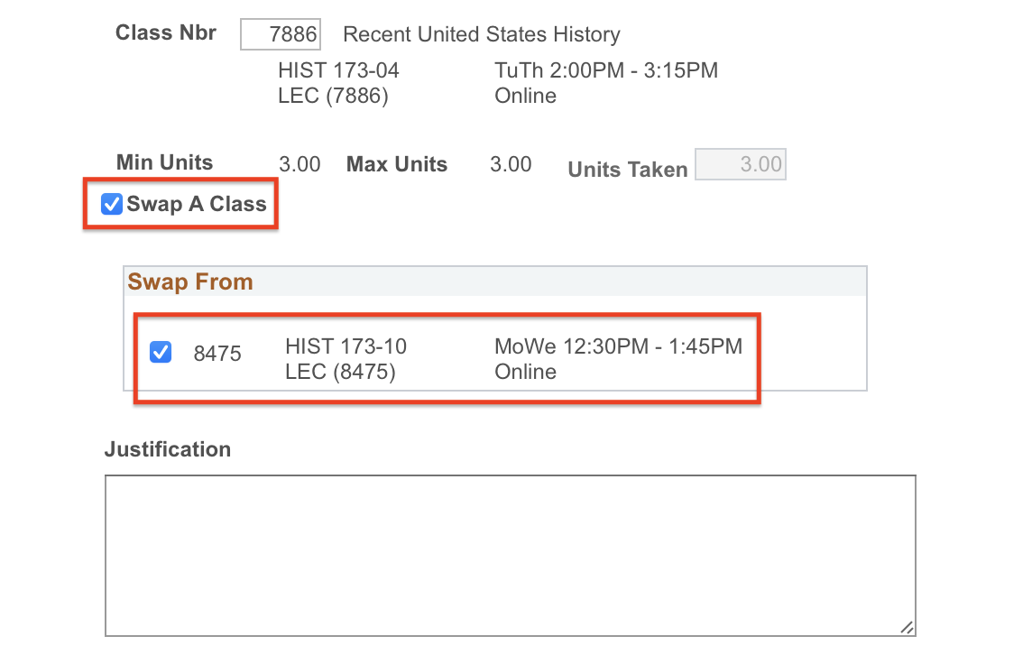 Screenshot showing Swap a Class checkbox selected and Swap F