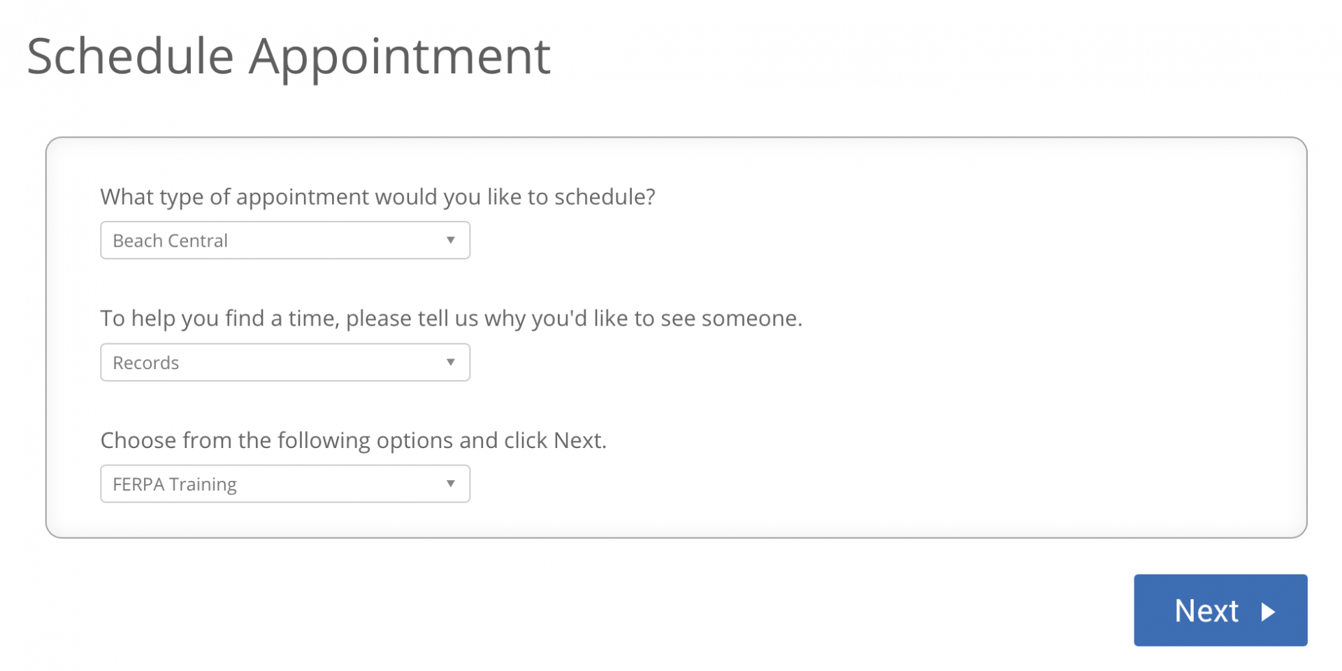 screen-workshop-ferpa.png Screenshot of appointment scheduling menu with FERPA Trainin