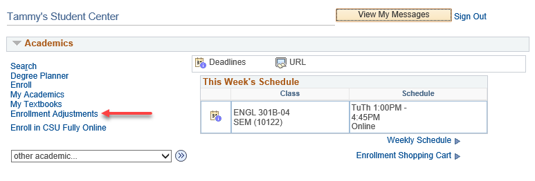 Screenshot of the Enrollment Adjustments link on the Academi