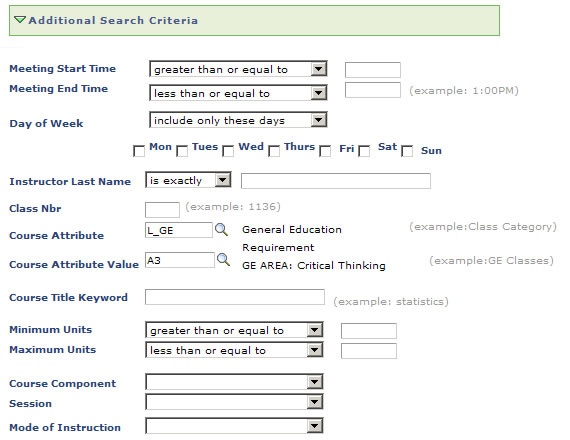 Screen shot of Advanced Class Search page