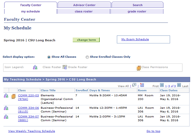 Screen shot of an instructor's Teaching Schedule on Faculty 