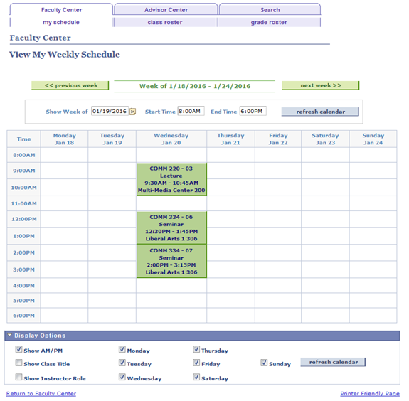 Screen shot of an instructor's weekly teaching schedule