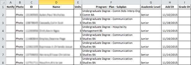 Screen shot of Class Roster in MS Excel